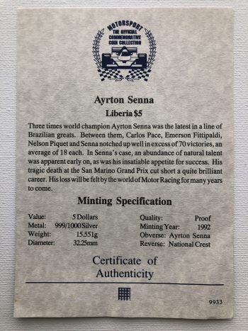 Ayrton Senna $5 Silver Commemorative Coin 1992 F1 Republic Of Liberia with COA - Image 3