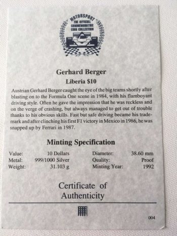 Gehard Berger $10 Silver Commemorative Coin 1992 F1 Republic Of Liberia + COA - Image 4