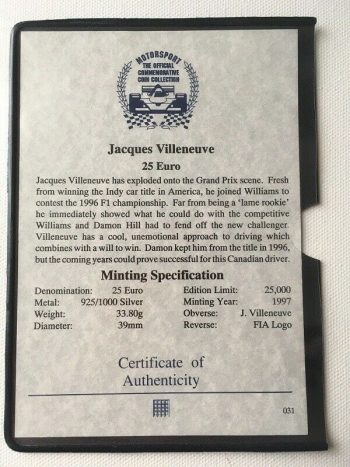 Rare 1997 Jacques Villeneuve Commemorative 25 Euro Silver Coin F1 With COA - Image 3