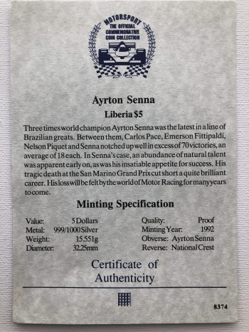 RARE Ayrton Senna $5 Silver Commemorative Coin 1992 F1 Rep Of Liberia with COA - Image 3