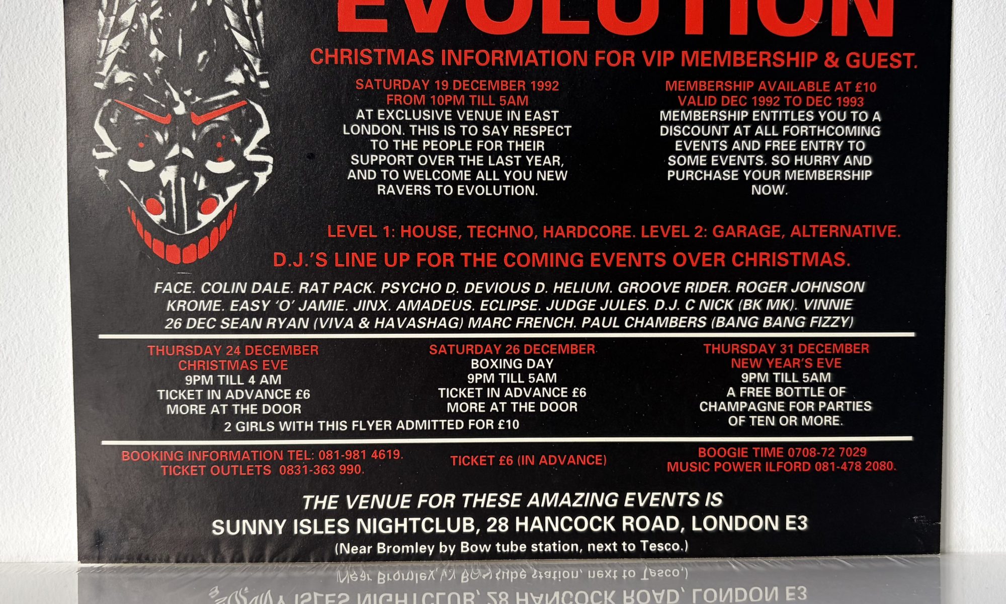 Evolution – 19 / 24 / 26 / 31 December 1992 – Sunny Isles Nightclub, London – Rave Flyer